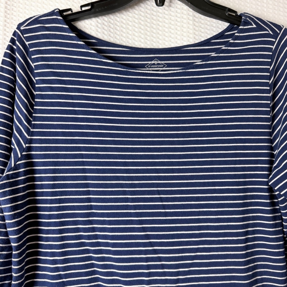 St. Johns Bay Top Cotton‎ Modal Womens Large Tall Navy White Striped Lace Trim